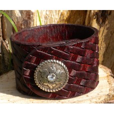 Handmade Dark Brown Leather Armband.Basketweave Design.Crystal Flower Snap.